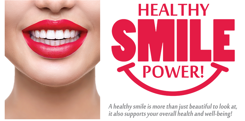 The image features a close-up of a person s face, wearing red lipstick, with the text  HEALTHY SMILE POWER  overlaid on it.