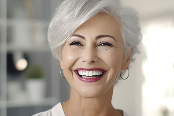 This image features a smiling woman with short hair, wearing makeup and a white top.